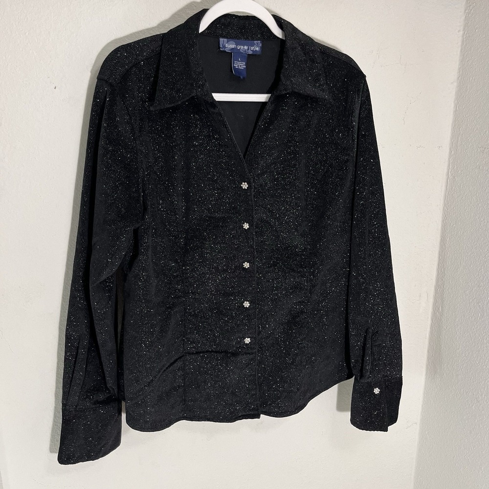 SUSAN GRAVER Shirt Top Women's L Black Faux Suede Glitter Rhinestone Button-Up